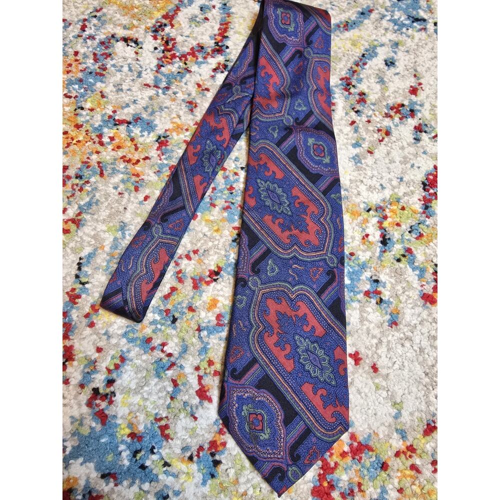 Vintage Burberrys of London Silk Tie Navy Red Blue Geometric Pattern Made in USA